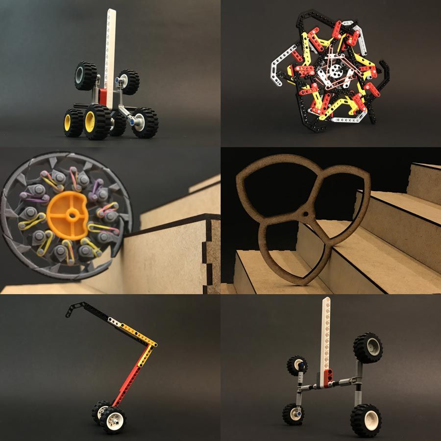 段ボールや LEGO<sup>®</sup> ブロックで作った車輪と脚のモデルを示す、階段を上ることができるロボットの 6 つの初期の物理的コンセプト。
