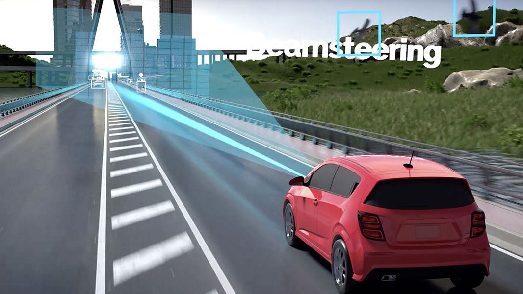 Car driving on highway with an illustrated beam showing how the beamsteering radar identifies objects in the environment.