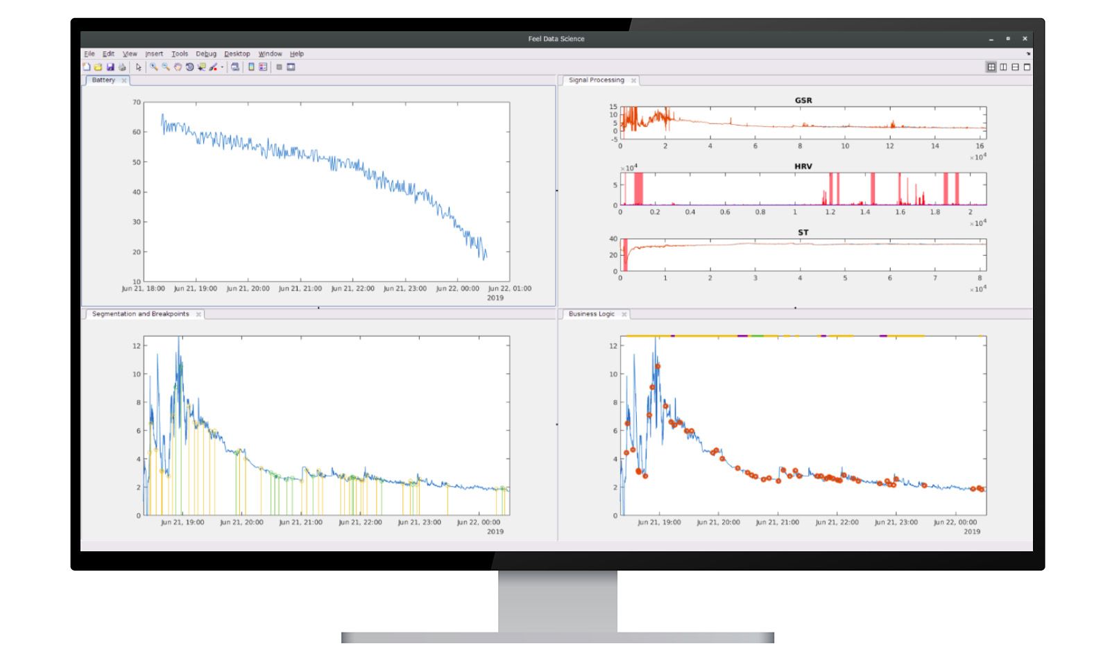 A computer screen showing MATLAB signal processing and machine learning used by Feel.