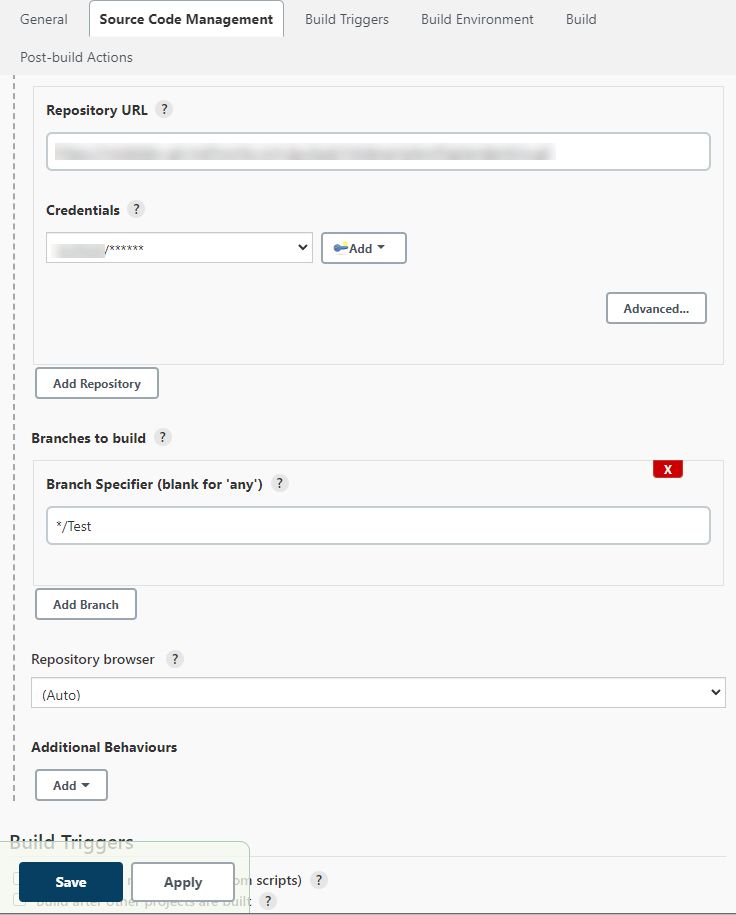 ソース コード管理タブの別のスクリーンショット。追加の動作を追加するためのボタンと保存するためのボタンが表示されます。 