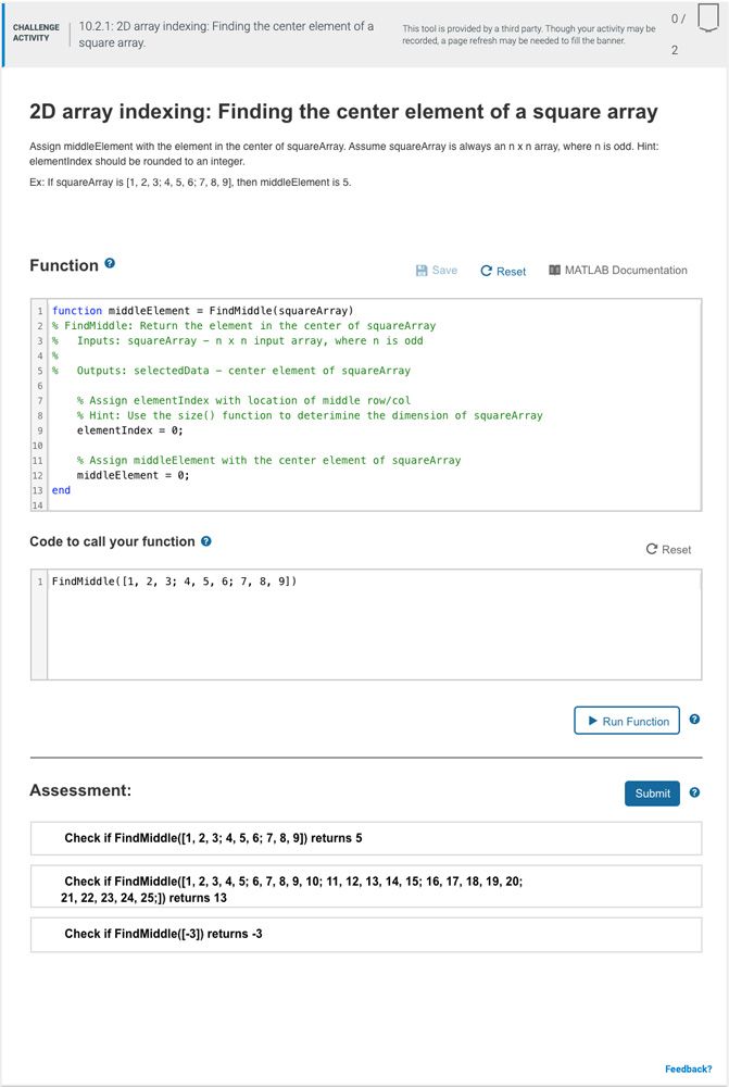 図 2. 配列のインデックス付けの演習。画像著作権: Introduction to MATLAB zyBook