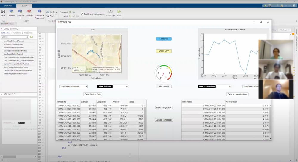 図 3. ある学生が作成した、GPS センサーのデータを取得して追跡する MATLAB アプリ。 