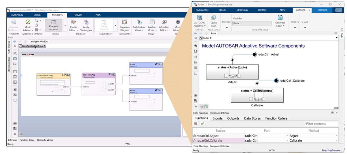 AUTOSAR Adaptive アプリケーション用の C++ コードが生成された Simulink のスクリーンショット。  