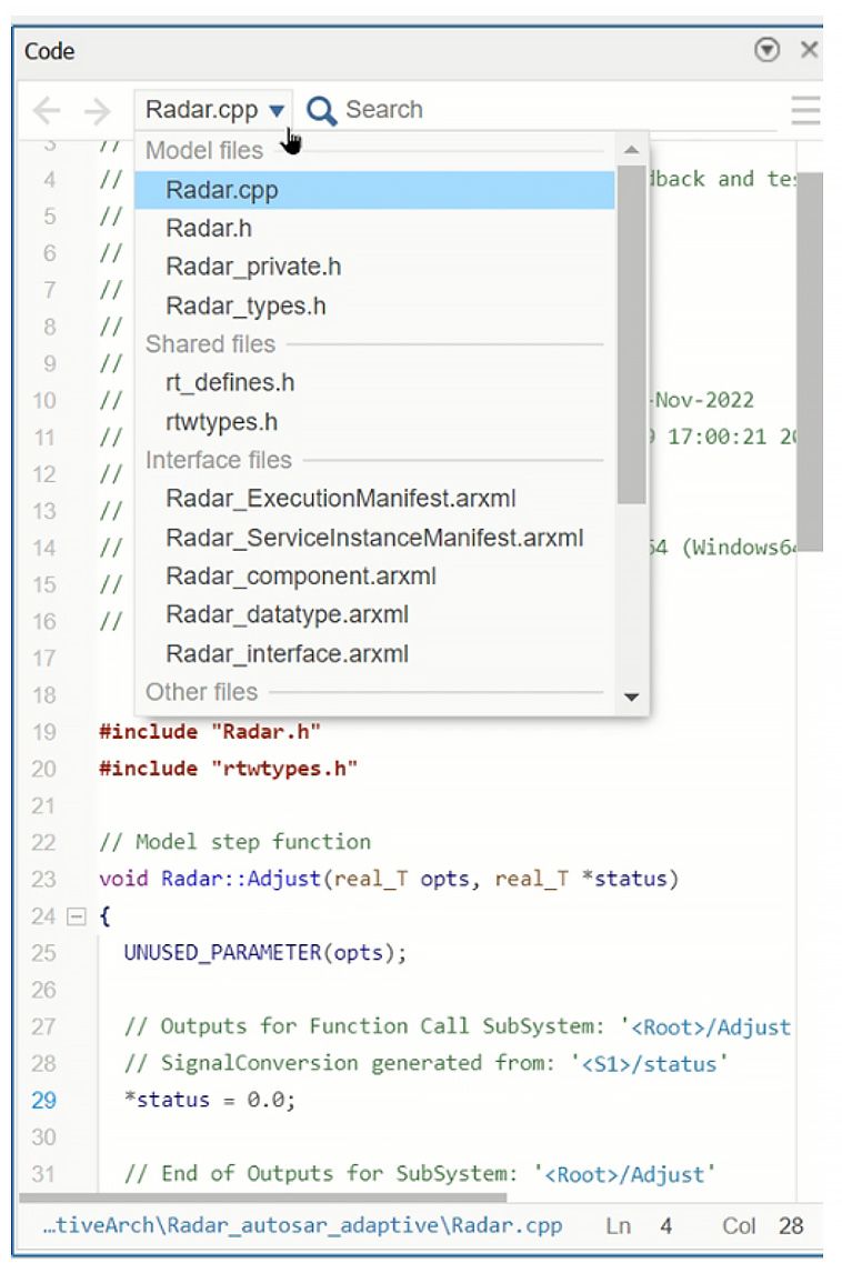 AUTOSAR Adaptive アプリケーション用の C++ コード インターフェイス ファイル生成のスクリーンショット。