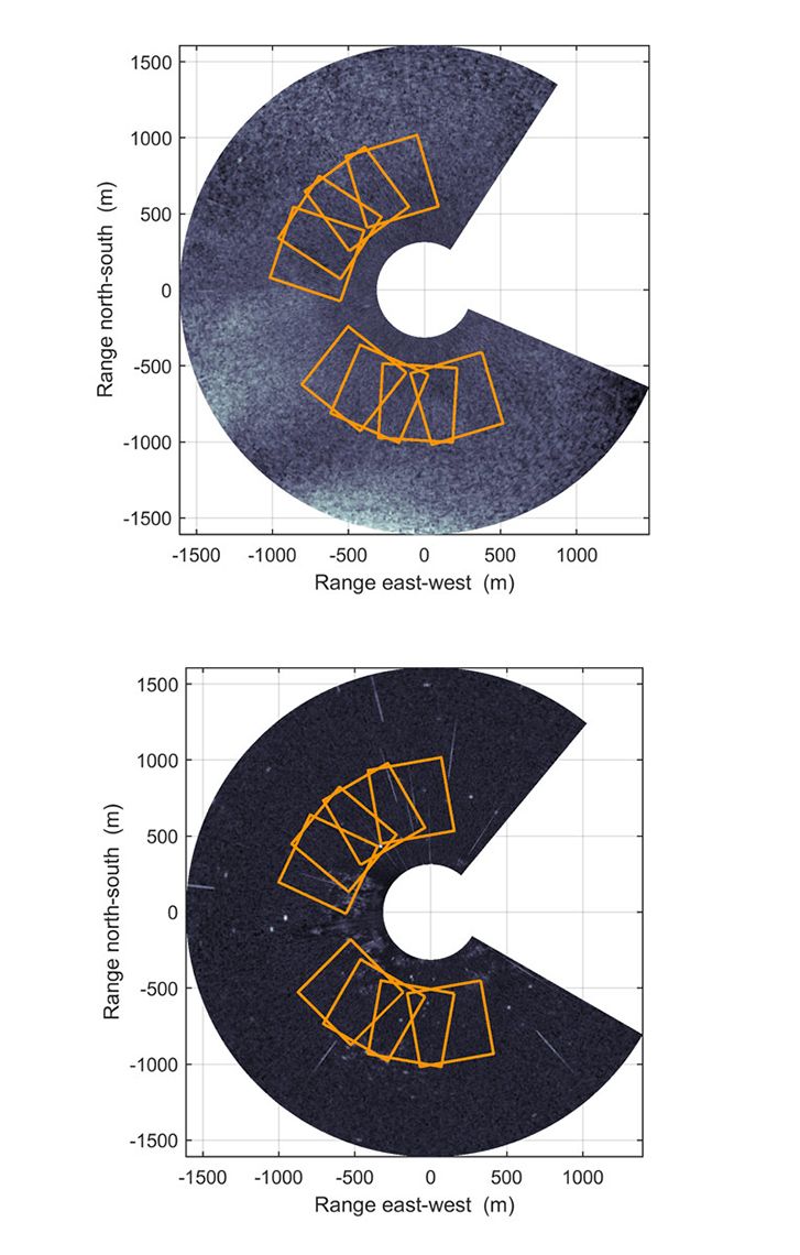 Figure 4. Digitized radar images taken in the presence of precipitation (top) and a drop in wind speed (bottom).