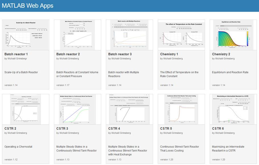 図 1. 反応工学で使用される MATLAB Web アプリ。