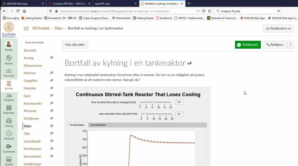 図 3. Canvas で Web アプリとして実行中の CSTR 冷却アプリ。