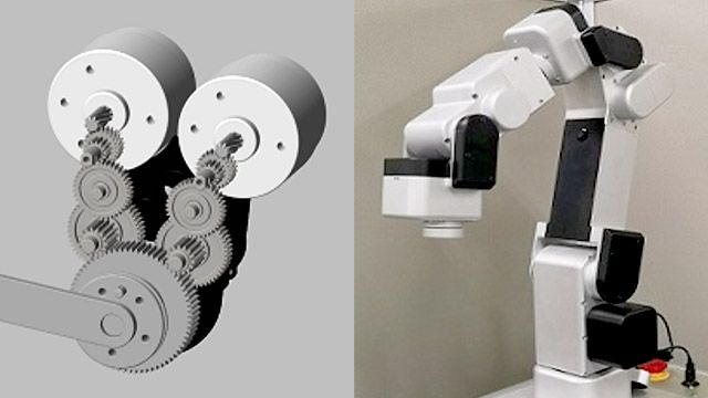 ダブルモータ減速機のSimscape Multibodyモデル(左)、ロボット実機（右）