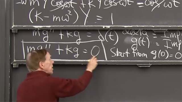 With forcing <em>f</em> = cos(ω<em>t</em>), the particular solution is <em>Y</em>*cos(ω<em>t</em>). But if the forcing frequency equals the natural frequency there is resonance.