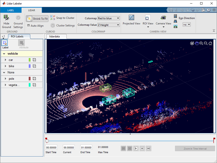 LiDAR ラベラーアプリを使用した、グラウンドトゥルースを定義する LiDAR 点群のラベル付け。