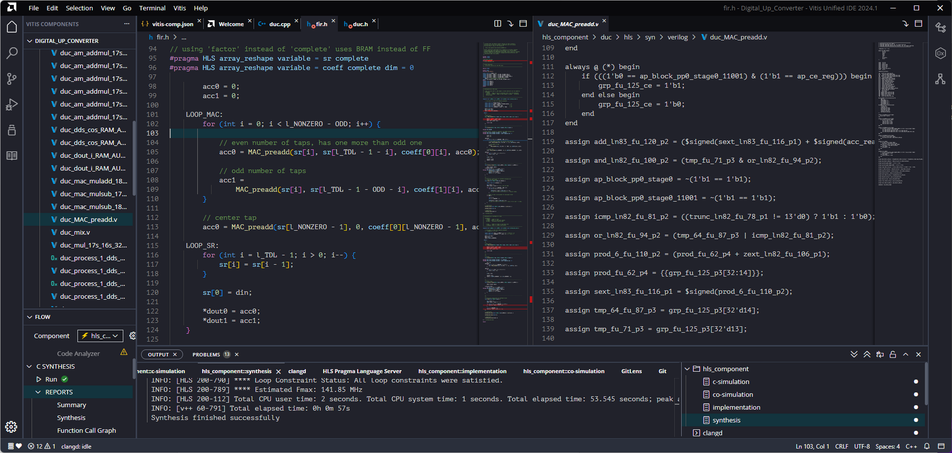 Vitis HLSの開発環境の画面。中央にC++ソース（pragmaとforループを含むFIRのMAC処理）、右に自動生成されたVerilogコード。左にコンポーネントとファイル一覧、下部に合成ログとレポート。合成成功が表示されています。