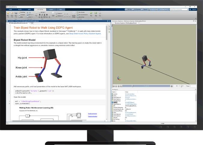 MATLAB および Reinforcement Learning Toolbox を使用した二足歩行ロボットの歩行訓練。