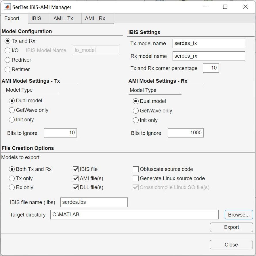 IBIS-AMI モデルのエクスポートに使用されている SerDes Toolbox の SerDes IBIS-AMI Manager のスクリーンショット。