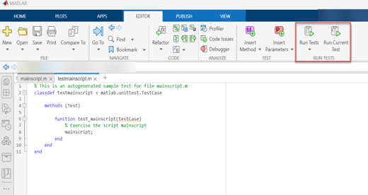 MATLAB エディターのツールストリップのスクリーンショット。[テストの実行] アイコンと [現在のテストの実行] アイコンが表示されています。