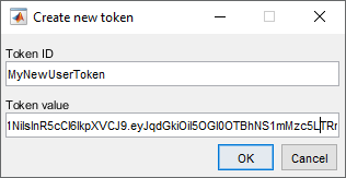 Create new token dialog box with MyNewUserToken token ID.