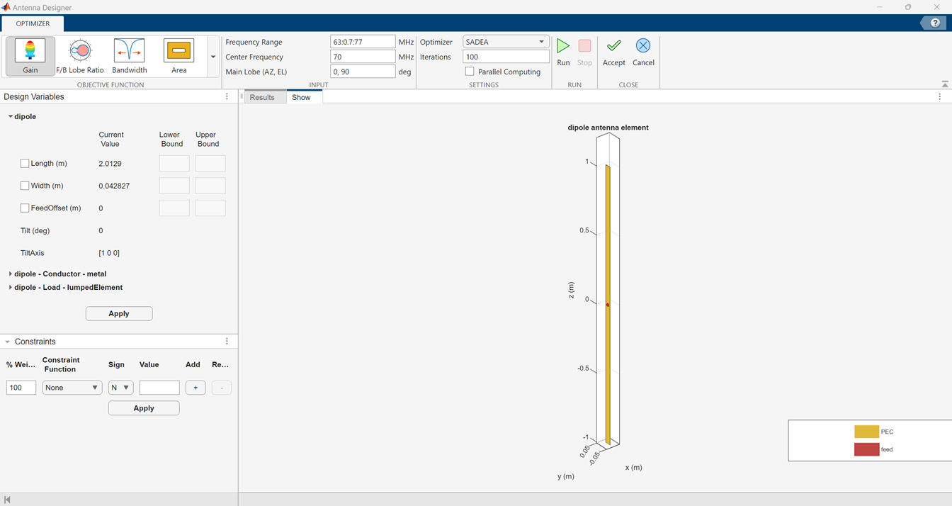 Antenna designer canvas showing the antenna properties pane on the left side of the canvas, the antenna on the right side of the canvas, and the analysis tools in the toolbar at the top of the canvas.