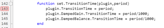 Screenshot of the set.TransitionTime function in the editor with a breakpoint set