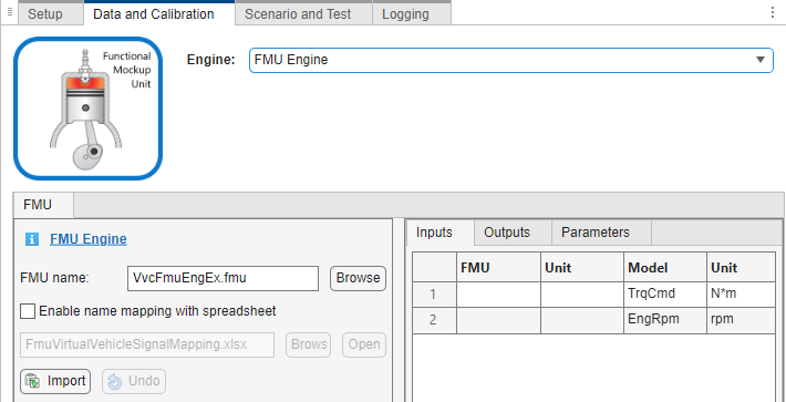 Virtual Vehicle Composer interface for configuring an FMU engine. Shows an icon of a piston labeled Functional Mockup Unit, a dropdown with FMU Engine selected, a file input for VvcFmuEngEx.fmu, and a table listing two parameters, TrqCmd (N·m) and EngRpm (rpm).
