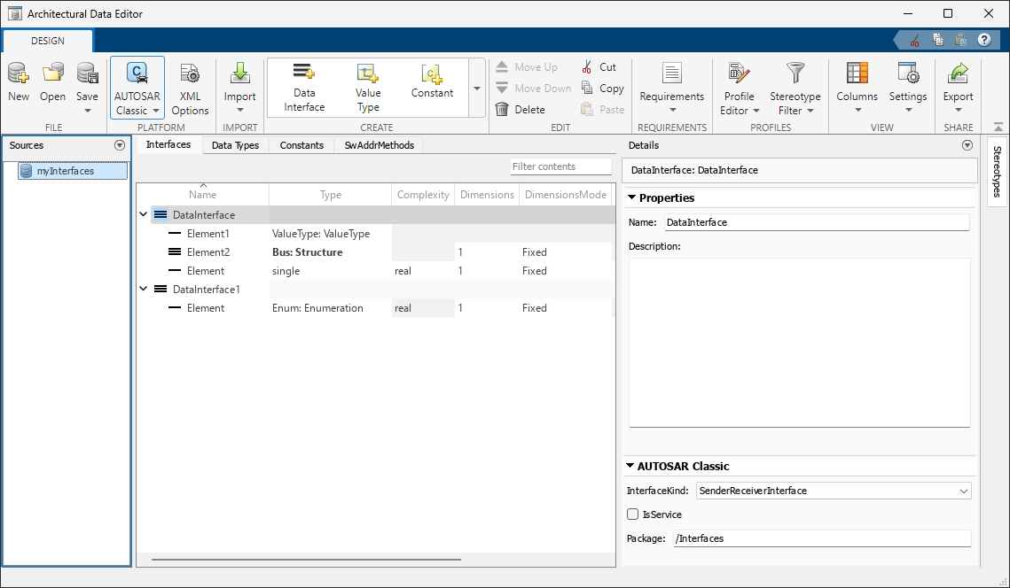 The standalone Architectural Data Editor with an interface selected. The Properties section includes the AUTOSAR property InterfaceKind.