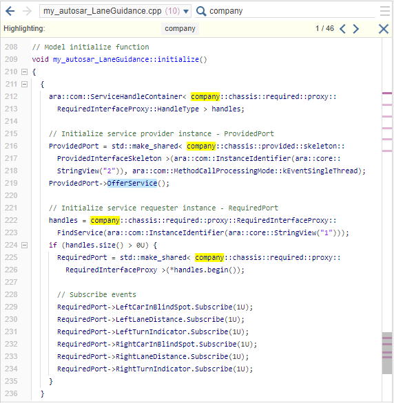 Code generation report for my_autosar_LaneGuidance.cpp, company is entered in the search field and all instances of company are highlighted in the open file.