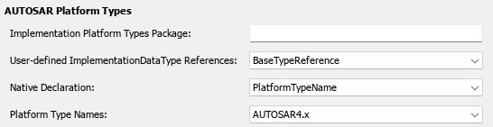 View of AUTOSAR Platform Types XML options to select the Implementation Platform Type Package, User-defined Implementation Types References, and Native Declaration.