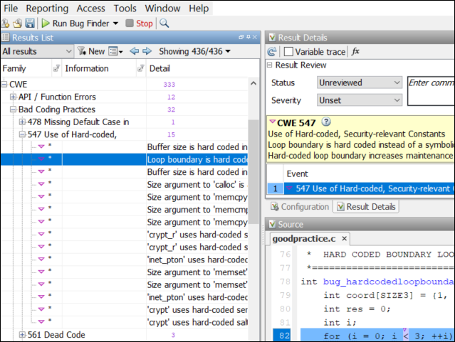 Polyspace results list and result details showing CWE findings
