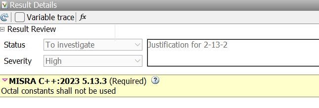 Results details showing the automatic import of review information from MISRA C++:2008: 2-13-2 to MISRA C++:2023 5.13.3