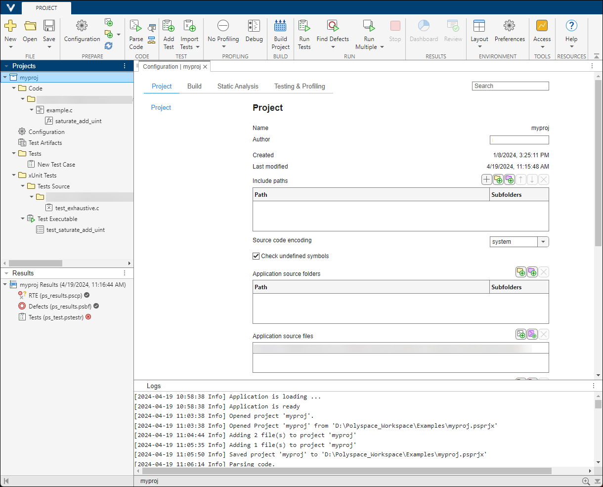 Polyspace Platform project open with Configuration tab, Results list, and Project pane.