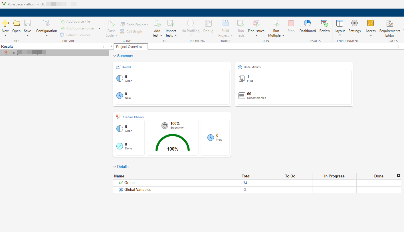 Results Overview dashboard in the Polyspace Platform user interface.
