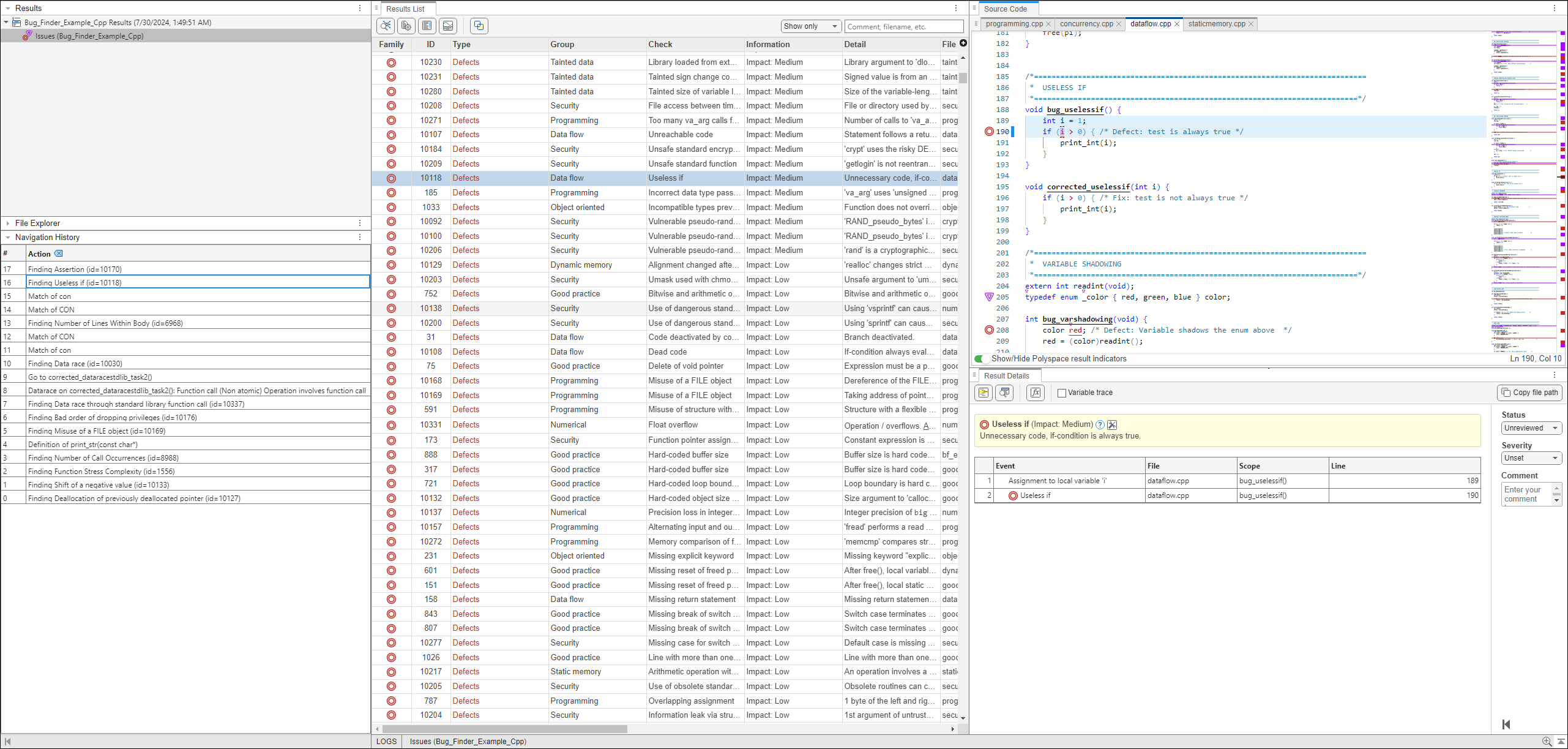 Navigation History pane with different actions saved to the history