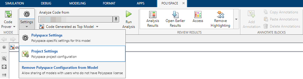 The Project Setting Button now open the Polyspace platform UI