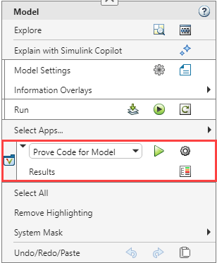 The simulink context menu with the Polyspace Code Verifier app section highlighted.