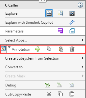 The simulink context menu with the annotation functionalities of the Polyspace Code Verifier app section highlighted.