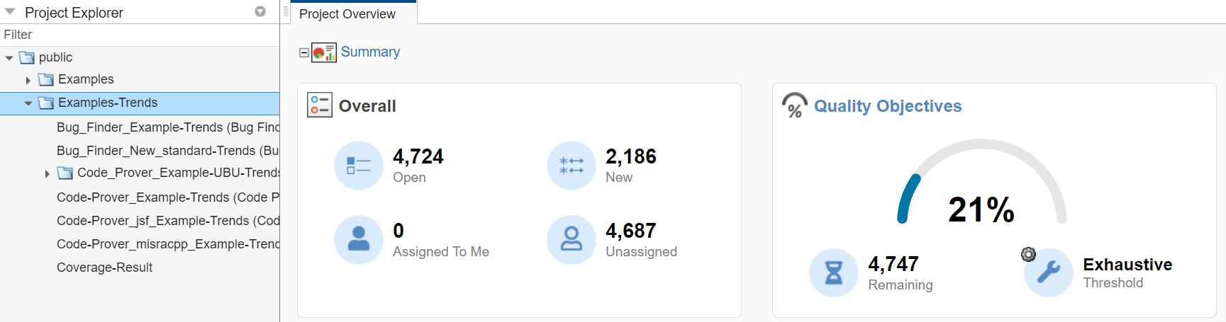 selecting a project folder shows an aggregated quality objectives card in the project overview dashboard