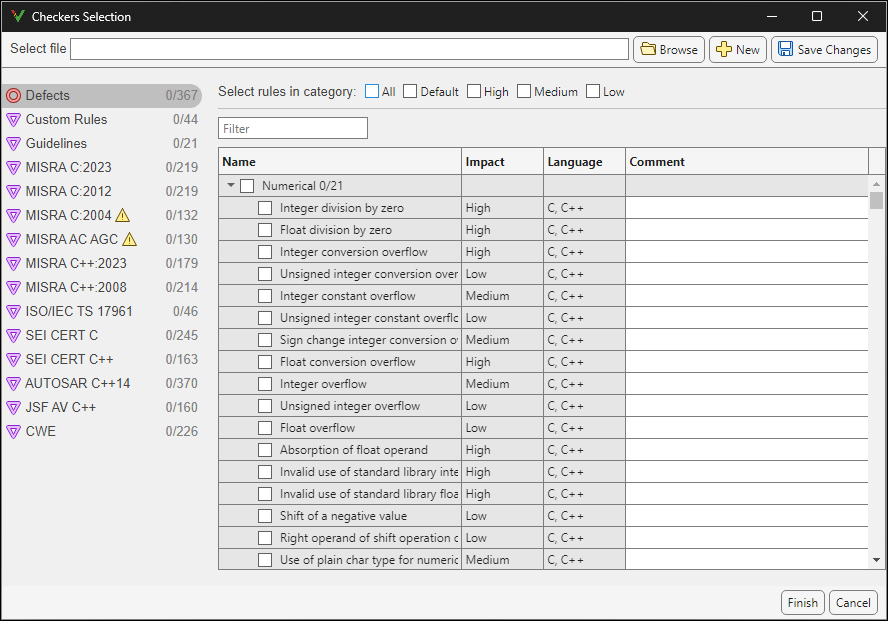 Checkers Selection window showing available defects and coding standards for Bug Finder