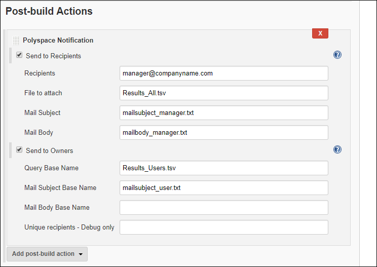 Enter email addresses of recipients, name of file with Polyspace results, mail subject and mail body.