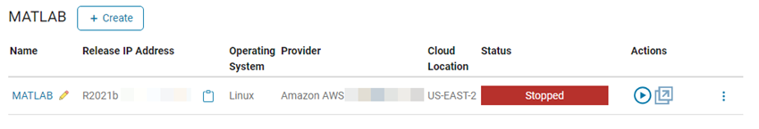 Status column shows the MATLAB resource has been stopped in the Cloud Resources tab.