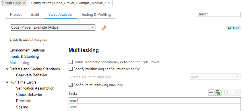 The Configuration pane with Configure multitasking manually selected and the tasks of proc1 and proc2 entered in the Tasks table.