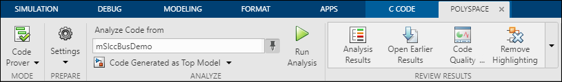 A snapshot of the Polyspace tab on the Simulink toolstrip.