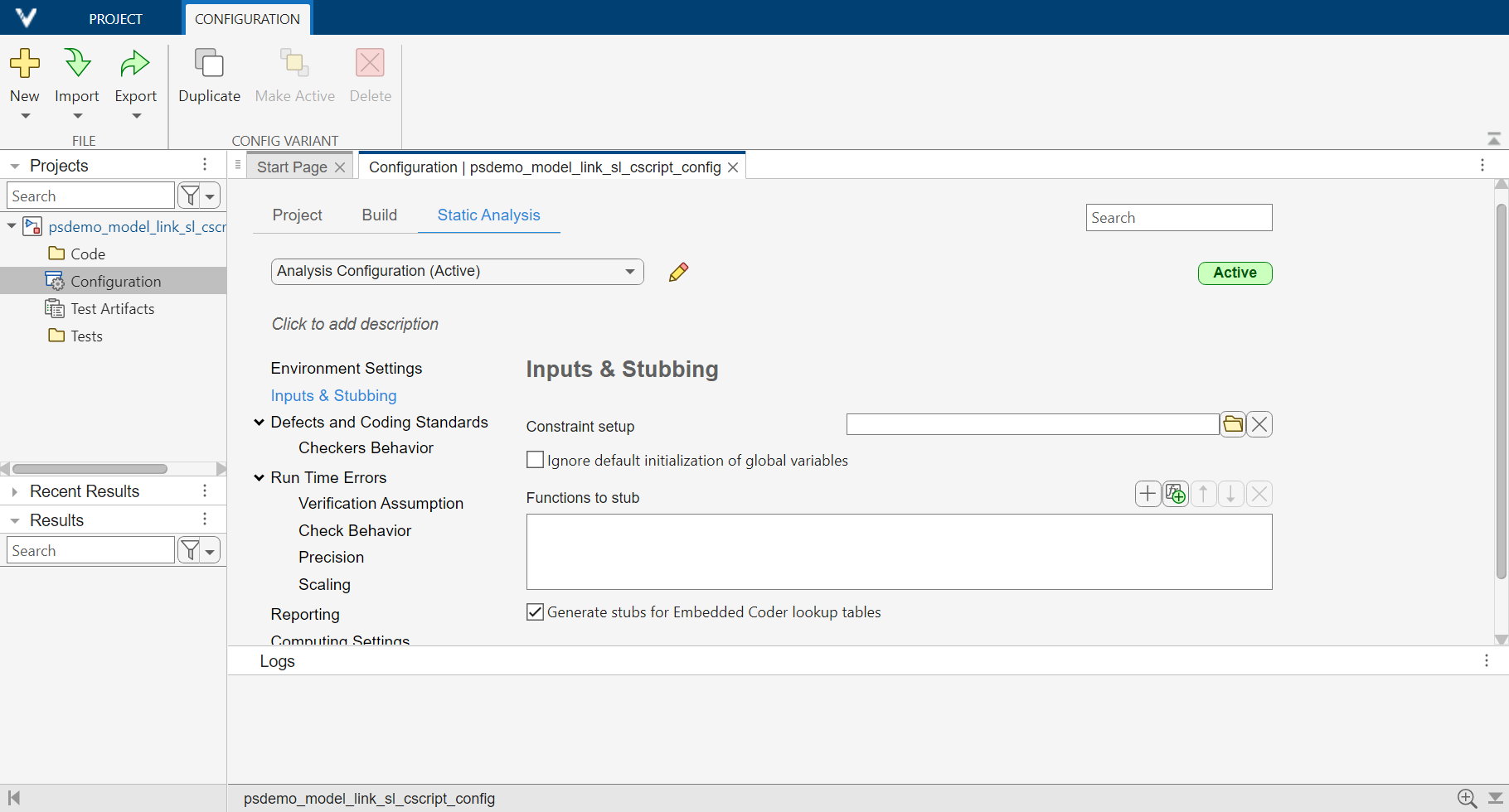A snapshot of a Polyspace configuration showing the Inputs & Stubbing section.