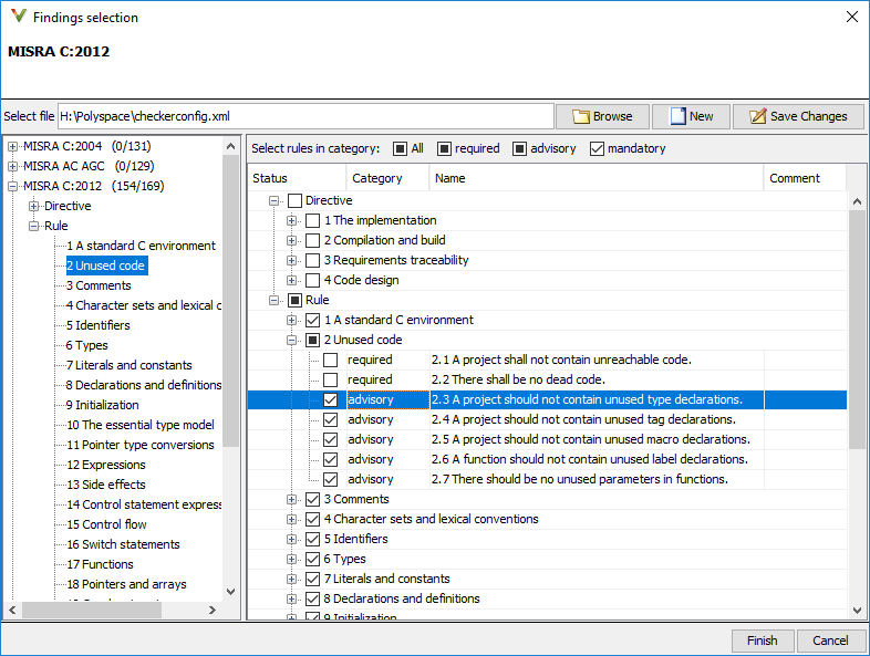 A snapshot of the Findings selection window.