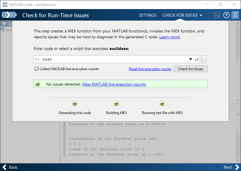 Check for Run-Time Issues page of the MATLAB Coder app