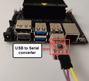 USB to serial converter connected to a USB port on a Jetson board