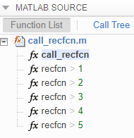 This image shows the specializations for recfcn in the report. The report shows the five specializations associated with the function.
