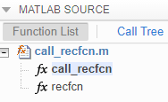 This image shows recfcn after the input argument x is treated as a nonconstant value with coder.ignoreConst. The function specializations do not appear in the report anymore.