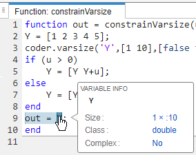 Code generation report, showing the size of Y