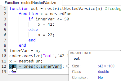 Code generation report, showing the size of out