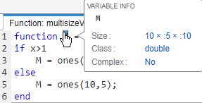 Code generation report showing variable-size dimensions