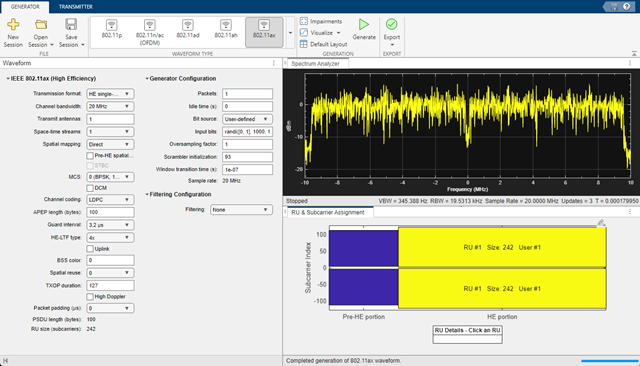 WLAN Wireless Waveform Generator app default configuration.