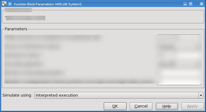 MATLAB System block mask with the Interpreted execution option selected
